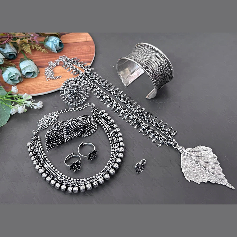 Vaamika Oxidized Plated Long & Choker Necklace Set With Nose Pin , Ring , Kada , toe Ring