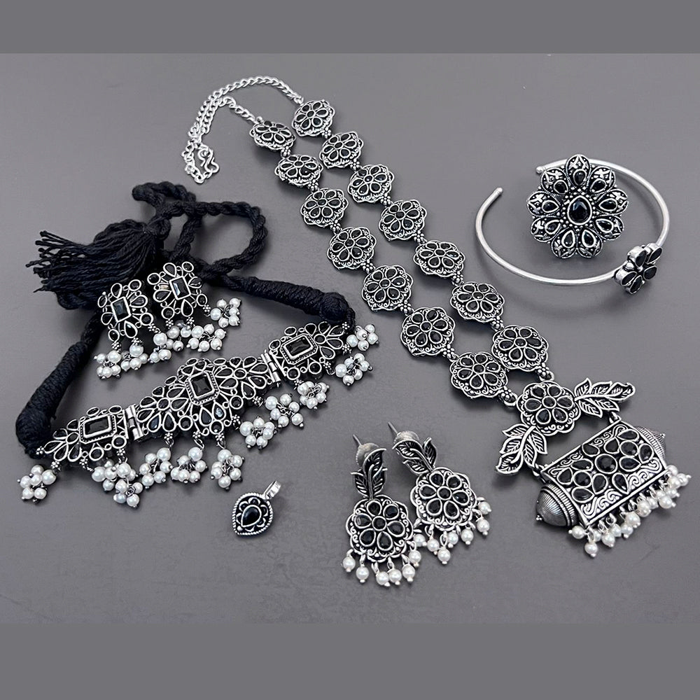 Vaamika Oxidized Plated Long & Choker Necklace Set With Nose Pin , Ring , Kada