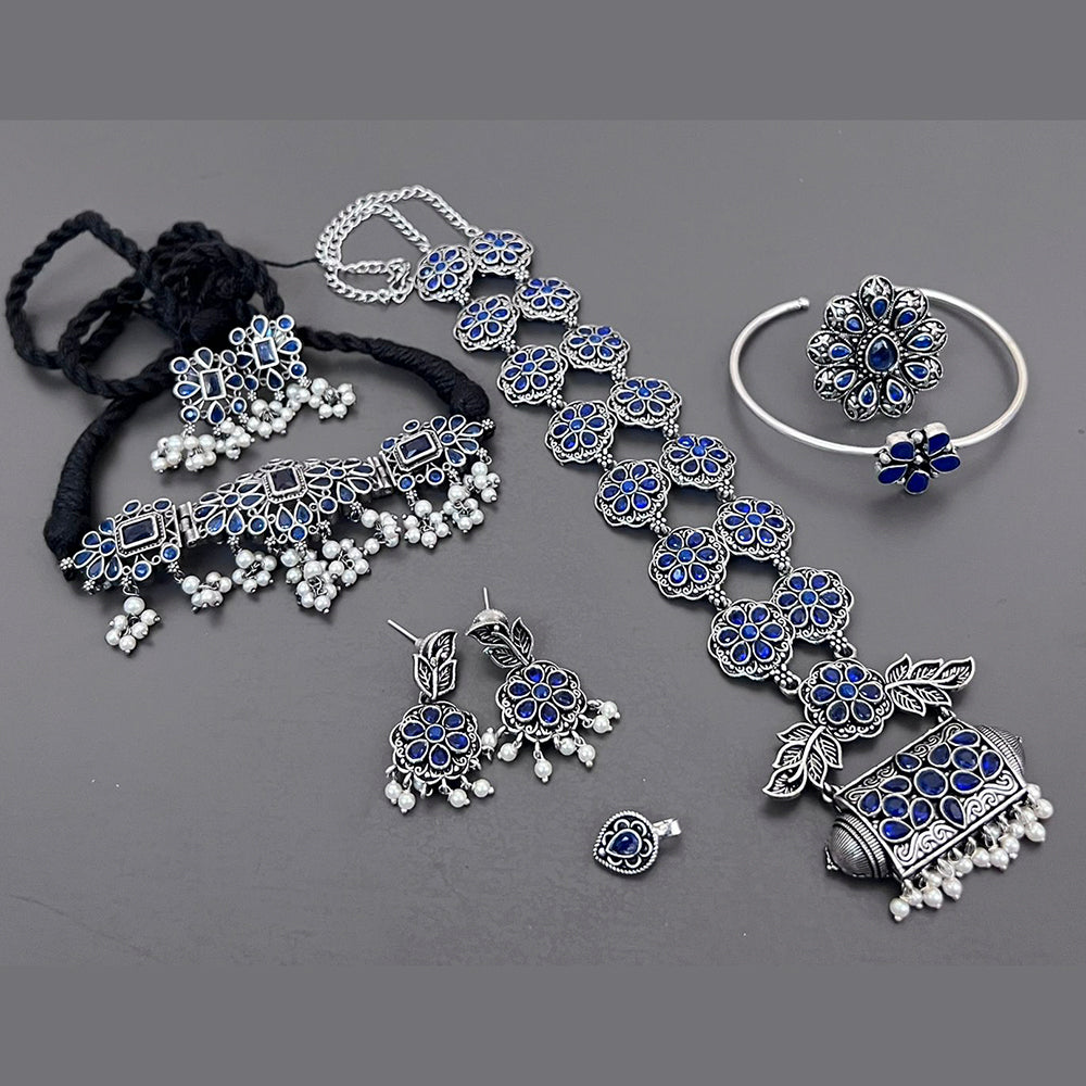 Vaamika Oxidized Plated Long & Choker Necklace Set With Nose Pin , Ring , Kada