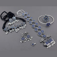 Vaamika Oxidized Plated Long & Choker Necklace Set With Nose Pin , Ring , Kada