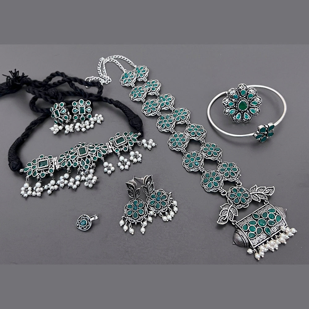 Vaamika Oxidized Plated Long & Choker Necklace Set With Nose Pin , Ring , Kada