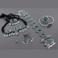 Vaamika Oxidized Plated Long & Choker Necklace Set With Nose Pin , Ring , Kada