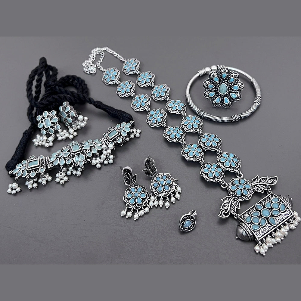 Vaamika Oxidized Plated Long & Choker Necklace Set With Nose Pin , Ring , Kada