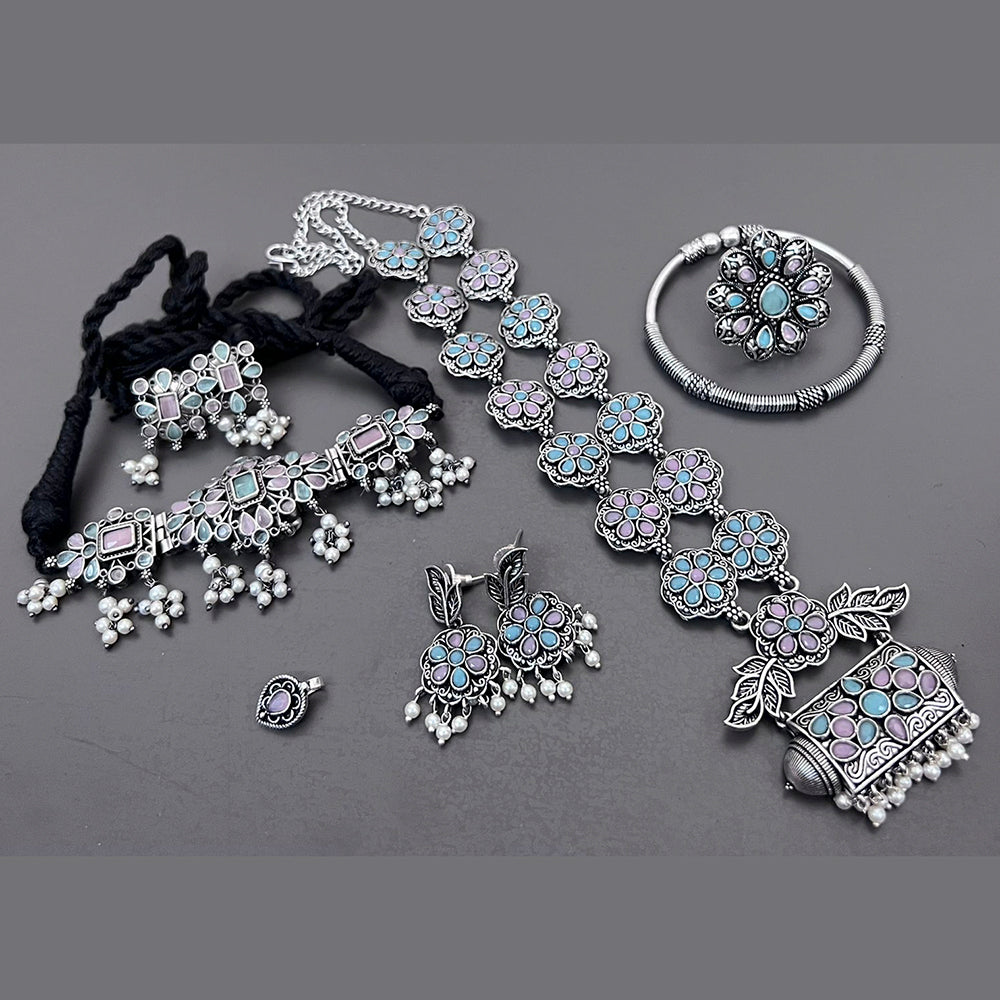 Vaamika Oxidized Plated Long & Choker Necklace Set With Nose Pin , Ring , Kada