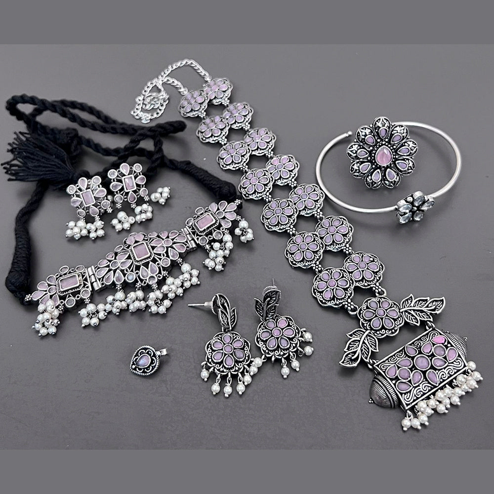 Vaamika Oxidized Plated Long & Choker Necklace Set With Nose Pin , Ring , Kada