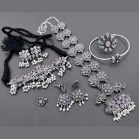 Vaamika Oxidized Plated Long & Choker Necklace Set With Nose Pin , Ring , Kada