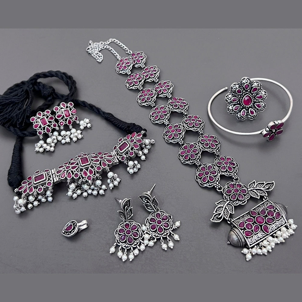 Vaamika Oxidized Plated Long & Choker Necklace Set With Nose Pin , Ring , Kada