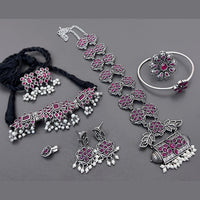 Vaamika Oxidized Plated Long & Choker Necklace Set With Nose Pin , Ring , Kada