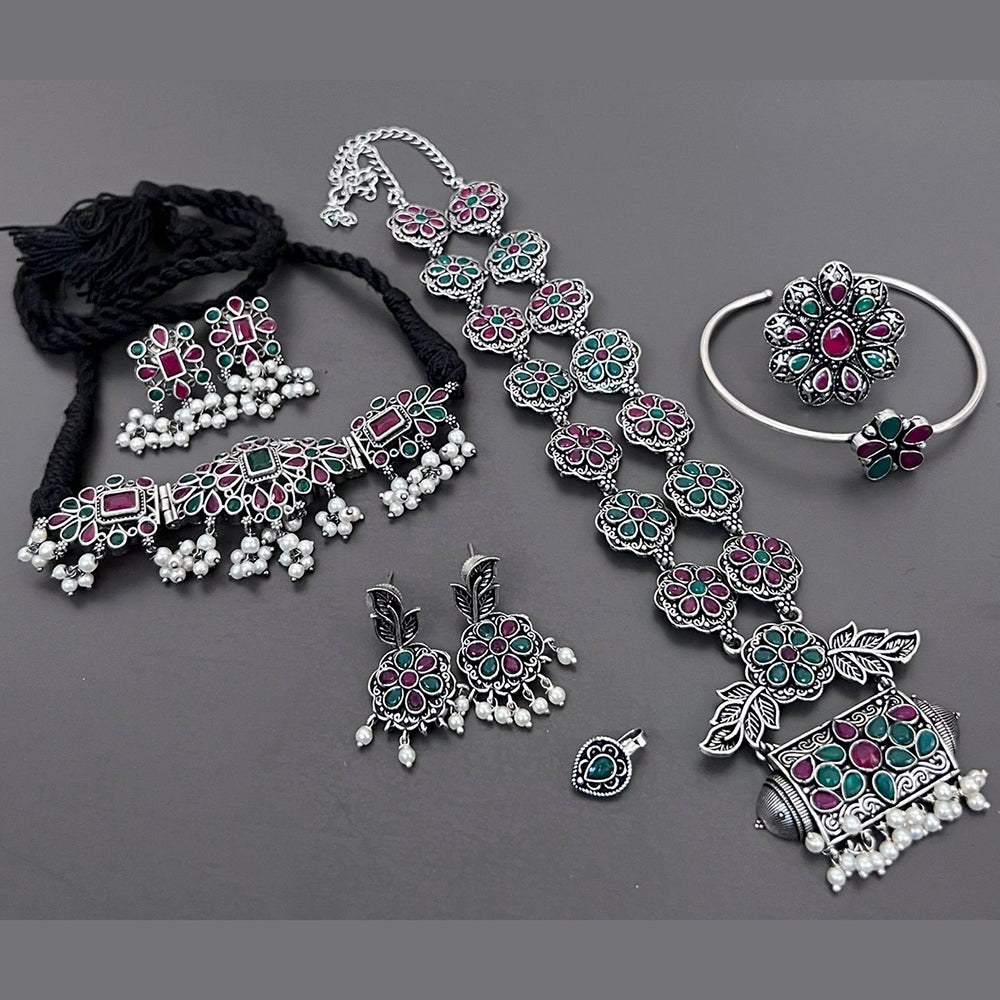 Vaamika Oxidized Plated Long & Choker Necklace Set With Nose Pin , Ring , Kada