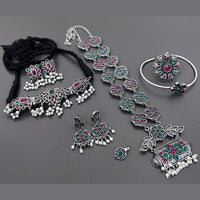 Vaamika Oxidized Plated Long & Choker Necklace Set With Nose Pin , Ring , Kada