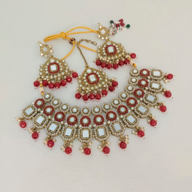 Vaamika Gold Plated Beads & Pearl Mirror Necklace Set