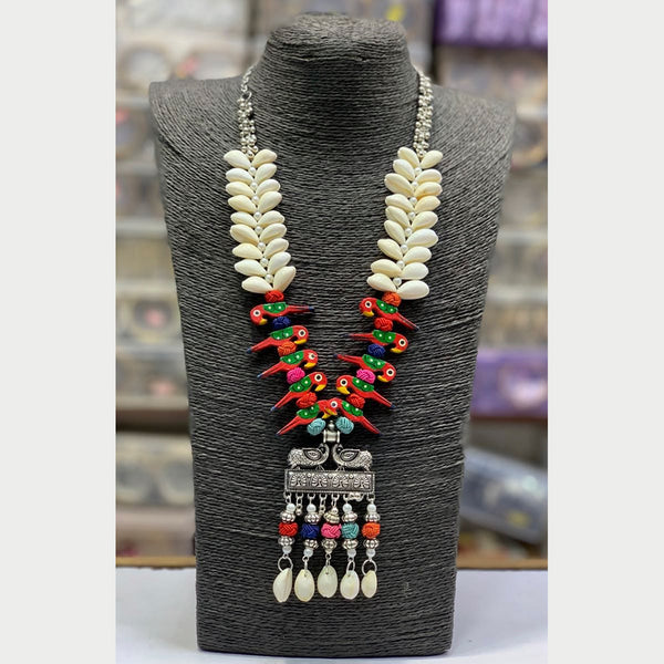 Vaamika Oxidized Shell Necklace Set with Earrings With Birds Work