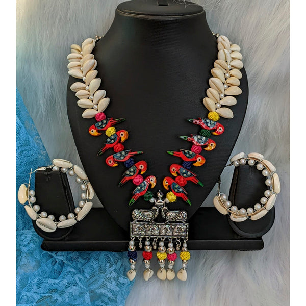 Vaamika Oxidized Shell Necklace Set with Earrings With Birds Work