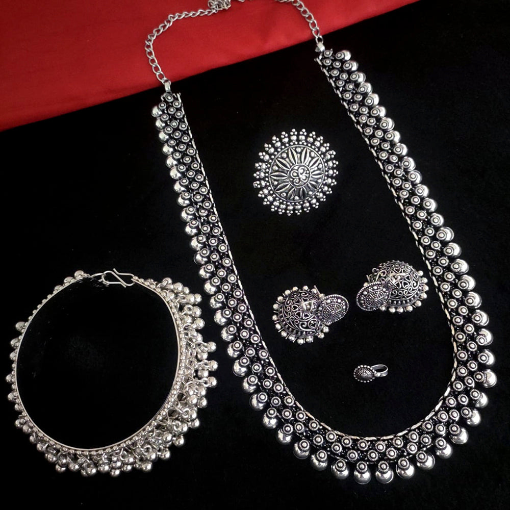 Vaamika Oxidized Plated Long & Choker Necklace Set With Nose Ring , Ring , Combo