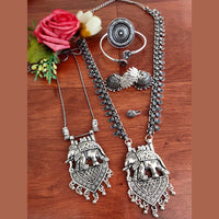 Vaamika Long Oxidised Necklace and Chain Necklace Combo Set With Stunning Earrings, Nosepin, Kada Bracelet And Big size Finger Ring