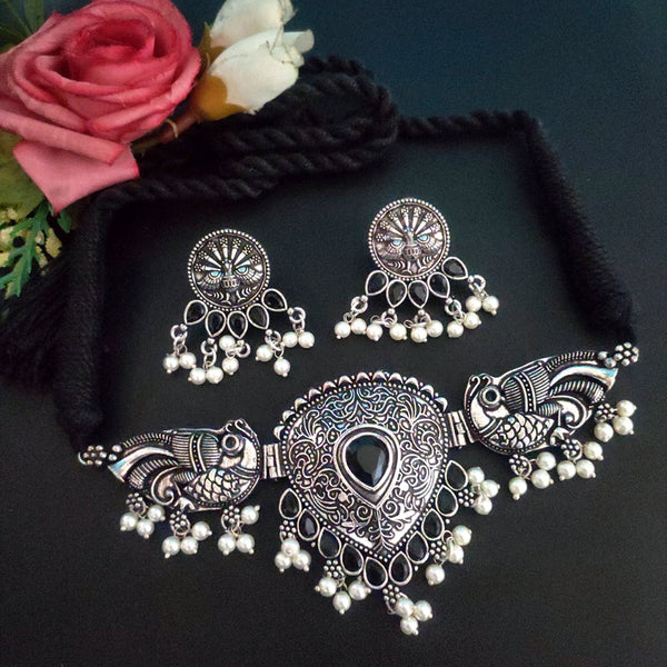 Vaamika Oxidized Plated Pota Stone Thread Peacock Choker Necklace Set