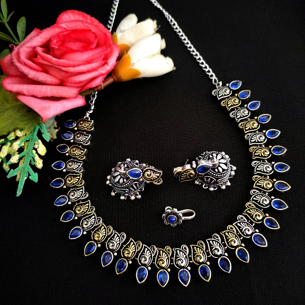 Vaamika Oxidised Plated Dual-Tone Stone Necklace set with Earrings and Nosepin
