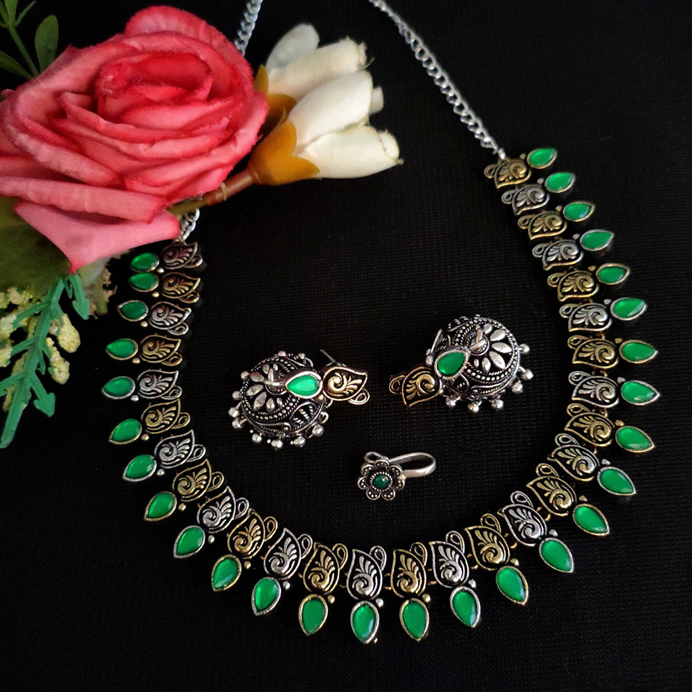 Vaamika Oxidised Plated Dual-Tone Stone Necklace set with Earrings and Nosepin