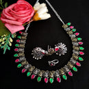 Vaamika Oxidised Plated Dual-Tone Stone Necklace set with Earrings and Nosepin