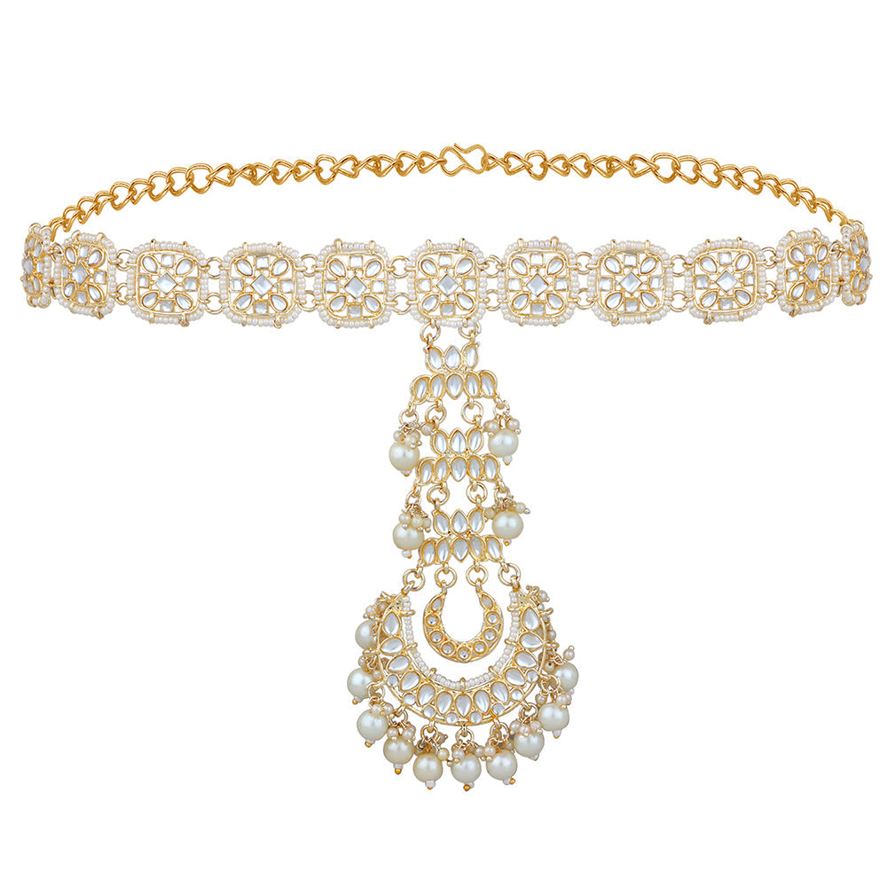 Mahi Gold Tone Kundan Traditional Wedding Bridal Sheeshphool/SheeshPatti Maangtikka Matha Patti For Women (VMP100101)