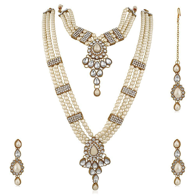 Mahi Ethnic Gold Plated White Kundan Necklace Earring & Maangtikka For Women (VNCJ100158Wht)
