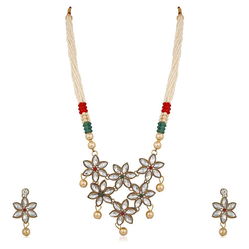 Mahi Floral Design Ethnic Pendant Necklace Set Earrings Jewellery with Kundan and Artifical Pearl for Women (VNCJ100244WHT)