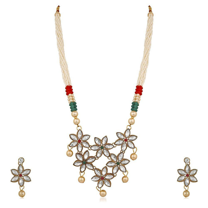 Mahi Floral Design Ethnic Pendant Necklace Set Earrings Jewellery with Kundan and Artifical Pearl for Women (VNCJ100244WHT)