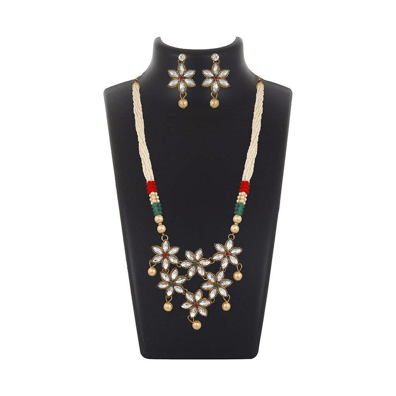 Mahi Floral Design Ethnic Pendant Necklace Set Earrings Jewellery with Kundan and Artifical Pearl for Women (VNCJ100244WHT)