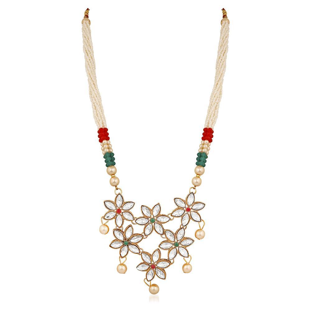 Mahi Floral Design Ethnic Pendant Necklace Set Earrings Jewellery with Kundan and Artifical Pearl for Women (VNCJ100244WHT)