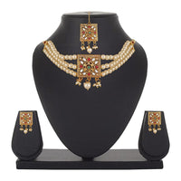 Mahi White Kundan & Artificial Pearl Traditional Choker Necklace Earring & Maangtikka Set For Women (VNCJ100248)