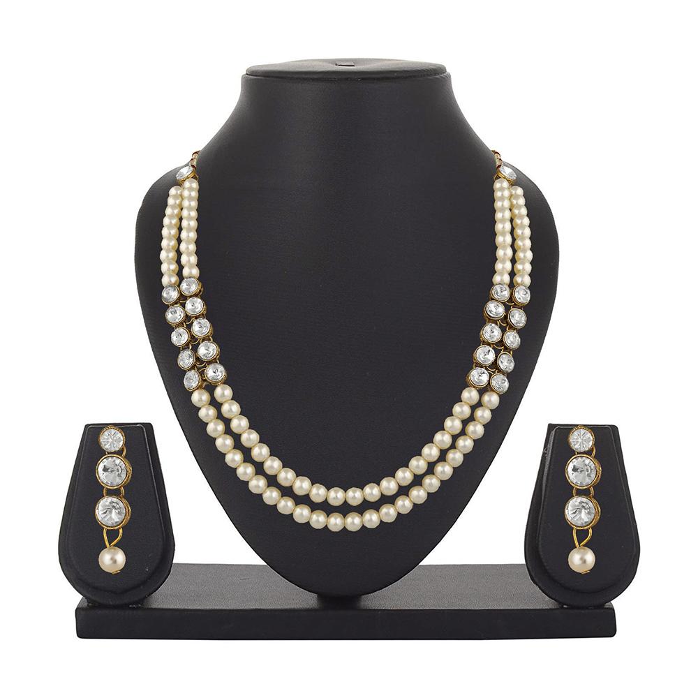 Mahi Traditional Jewellery Kundan and Artificial Pearl Layered Necklace Set with Earrings for Women (VNCJ100249WHT)