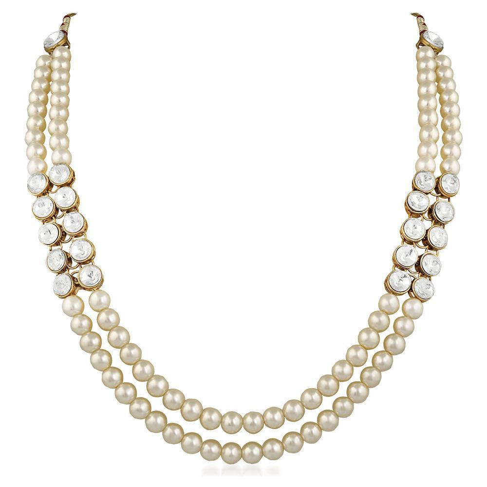 Mahi Traditional Jewellery Kundan and Artificial Pearl Layered Necklace Set with Earrings for Women (VNCJ100249WHT)