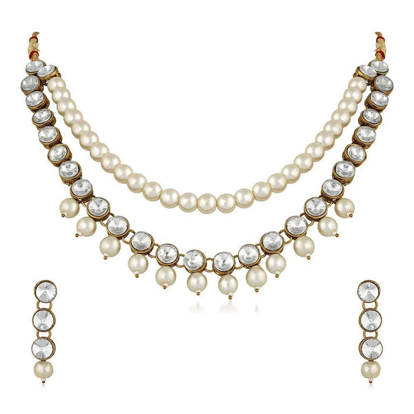 Mahi Traditional Jewellery Kundan and Artificial Pearl Layered Necklace Set with Earrings for Women (VNCJ100251WHT)