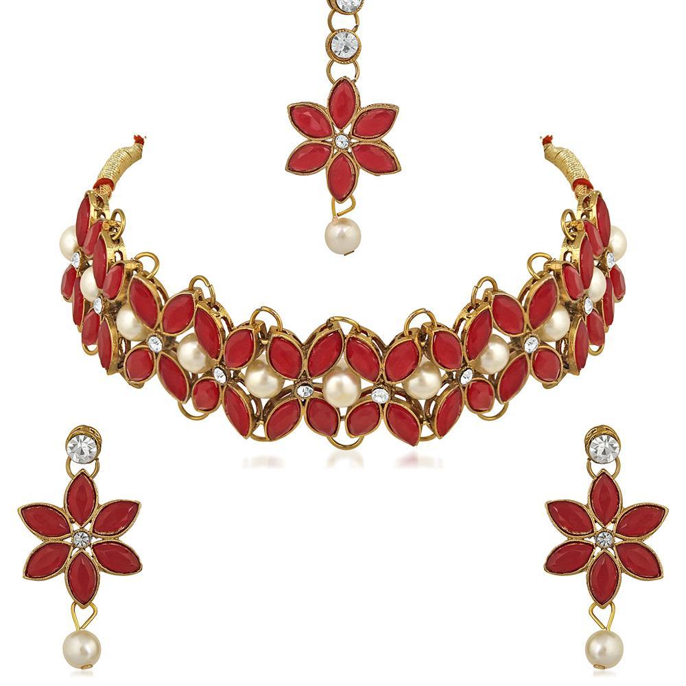 Mahi Red Kundan & Artificial Pearl Traditional Choker Necklace Earring & Maangtikka Set For Women (VNCJ100256RED)