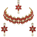 Mahi Red Kundan & Artificial Pearl Traditional Choker Necklace Earring & Maangtikka Set For Women (VNCJ100256RED)