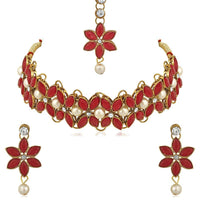 Mahi Red Kundan & Artificial Pearl Traditional Choker Necklace Earring & Maangtikka Set For Women (VNCJ100256RED)