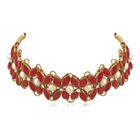 Mahi Red Kundan & Artificial Pearl Traditional Choker Necklace Earring & Maangtikka Set For Women (VNCJ100256RED)