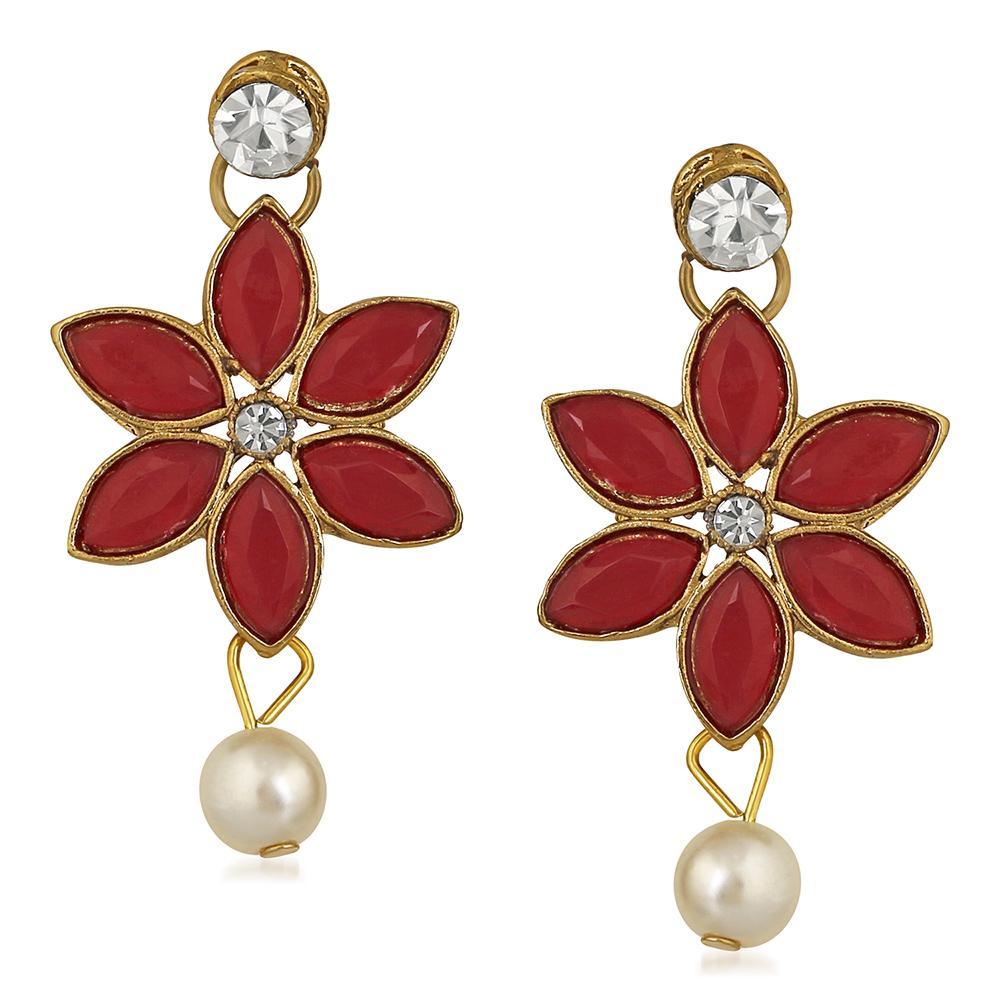 Mahi Red Kundan & Artificial Pearl Traditional Choker Necklace Earring & Maangtikka Set For Women (VNCJ100256RED)