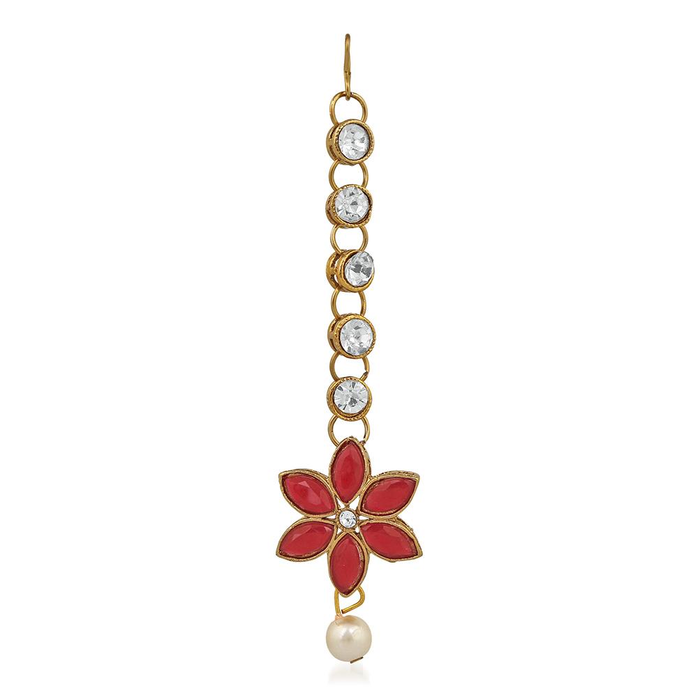 Mahi Red Kundan & Artificial Pearl Traditional Choker Necklace Earring & Maangtikka Set For Women (VNCJ100256RED)