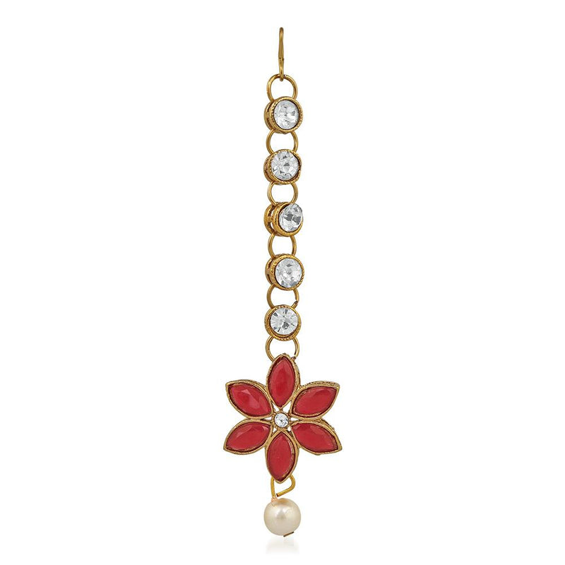 Mahi Red Kundan & Artificial Pearl Traditional Choker Necklace Earring & Maangtikka Set For Women (VNCJ100256RED)