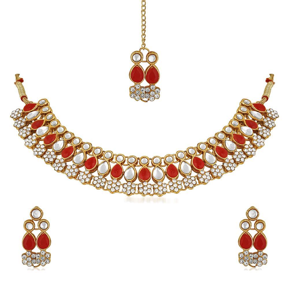 Mahi Red Kundan & Artificial Pearl Traditional Choker Necklace Earring & Maangtikka Set For Women (VNCJ100257RED)