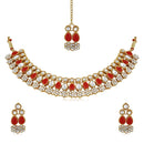 Mahi Red Kundan & Artificial Pearl Traditional Choker Necklace Earring & Maangtikka Set For Women (VNCJ100257RED)