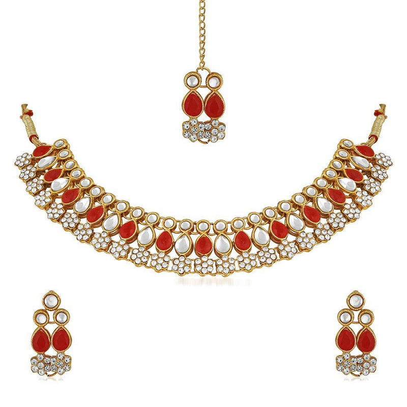 Mahi Red Kundan & Artificial Pearl Traditional Choker Necklace Earring & Maangtikka Set For Women (VNCJ100257RED)