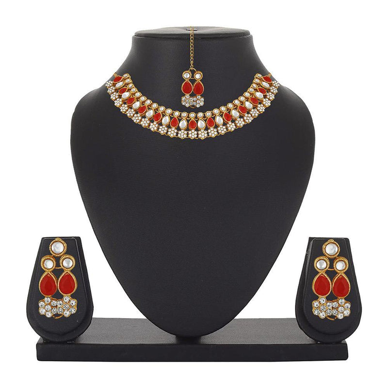 Mahi Red Kundan & Artificial Pearl Traditional Choker Necklace Earring & Maangtikka Set For Women (VNCJ100257RED)