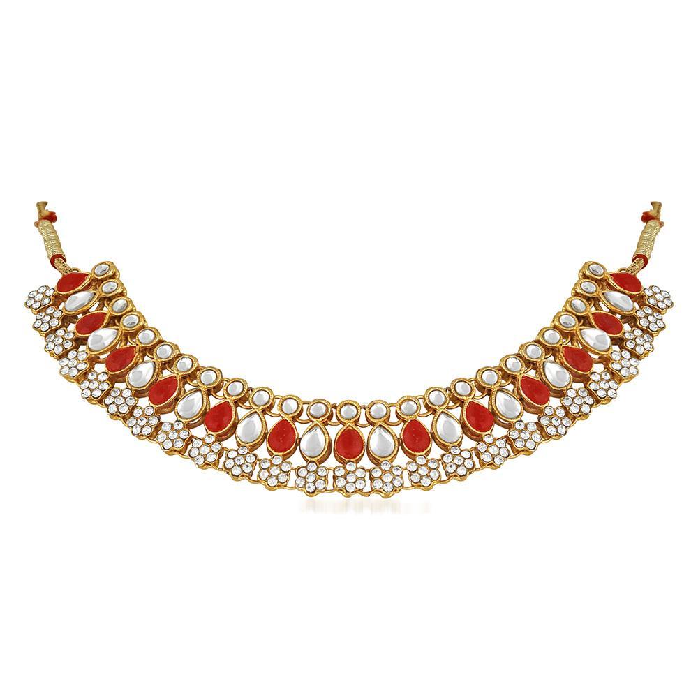 Mahi Red Kundan & Artificial Pearl Traditional Choker Necklace Earring & Maangtikka Set For Women (VNCJ100257RED)