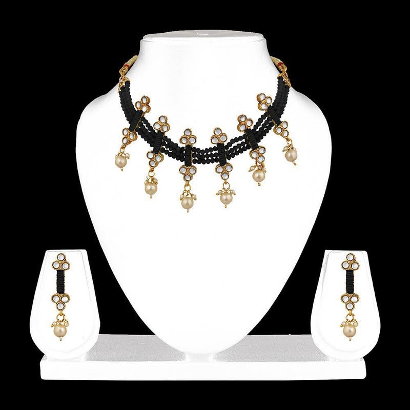 Mahi Traditional Floral Kundan & Black Beads Layered Choker Necklace Jewellery Set for Women (VNCJ100261BLK)