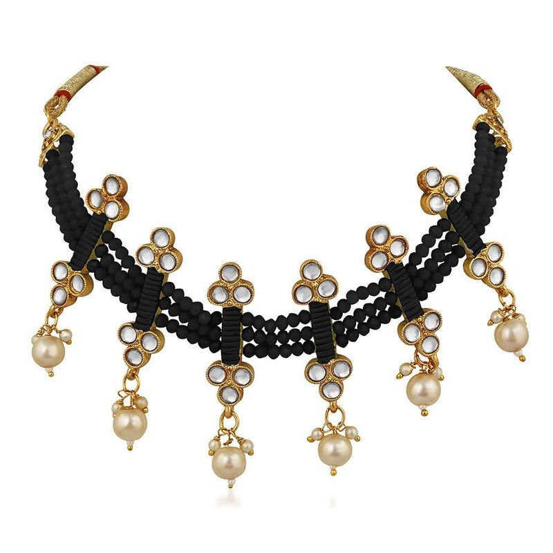 Mahi Traditional Floral Kundan & Black Beads Layered Choker Necklace Jewellery Set for Women (VNCJ100261BLK)