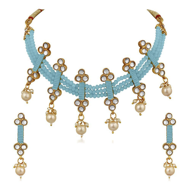 Mahi Traditional Floral Kundan & Blue Beads Layered Choker Necklace Jewellery Set for Women (VNCJ100261BLU)
