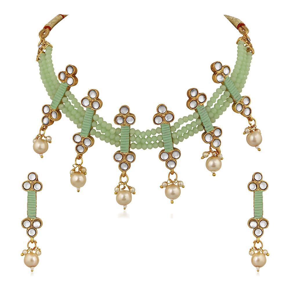 Mahi Traditional Floral Kundan & Green Beads Layered Choker Necklace Jewellery Set for Women (VNCJ100261GRN)