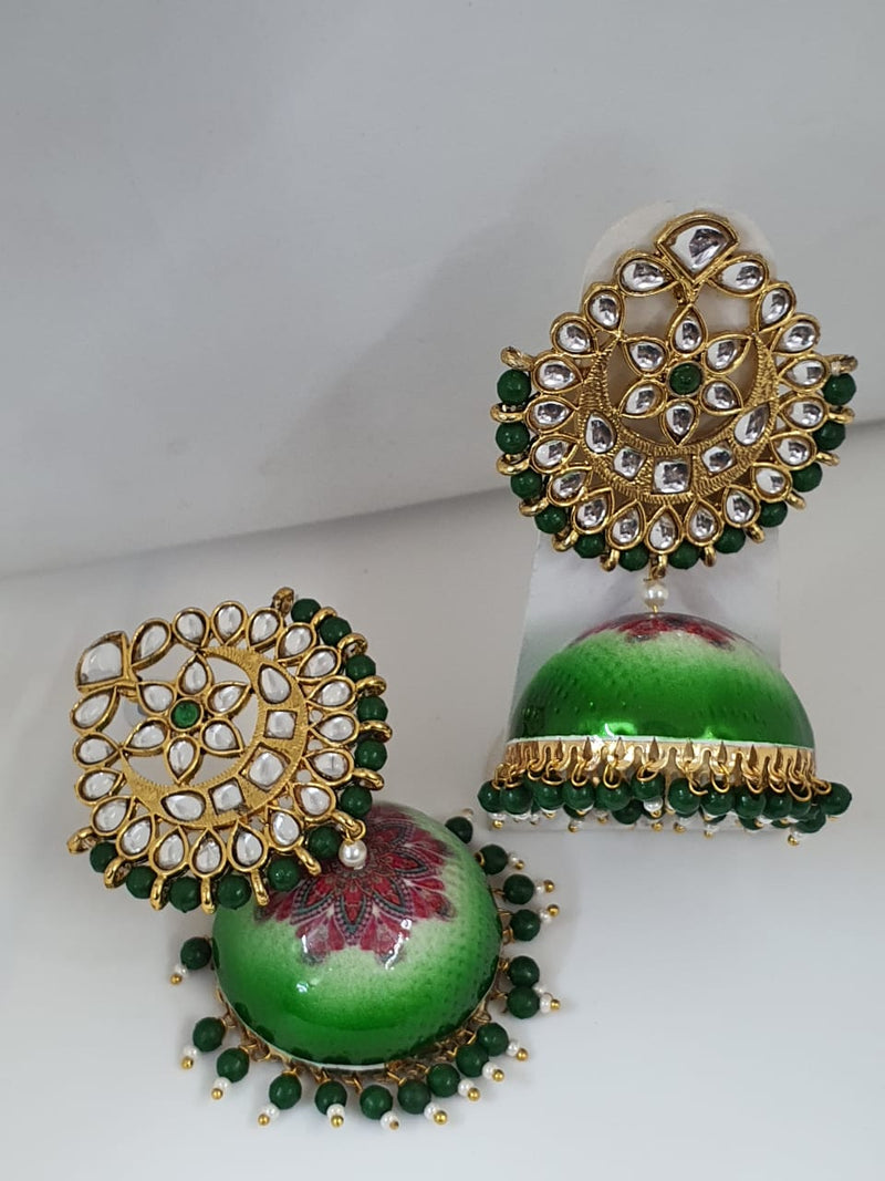 Midas Touch Gold Plated Green Meenakari And Kundan Jhumki Earrings